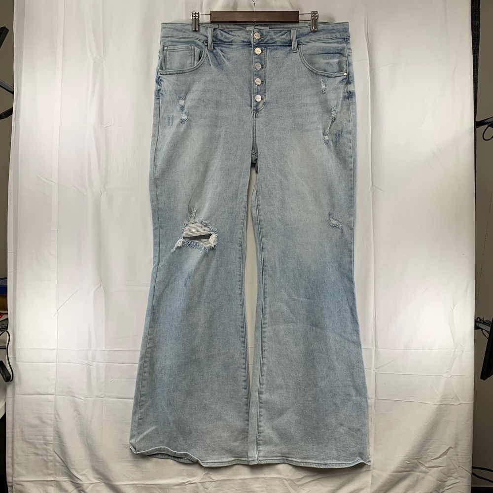 Risen Jeans‎ Flare Womens 3XL (38x32) Light Blue Distressed Button Fly High Rise